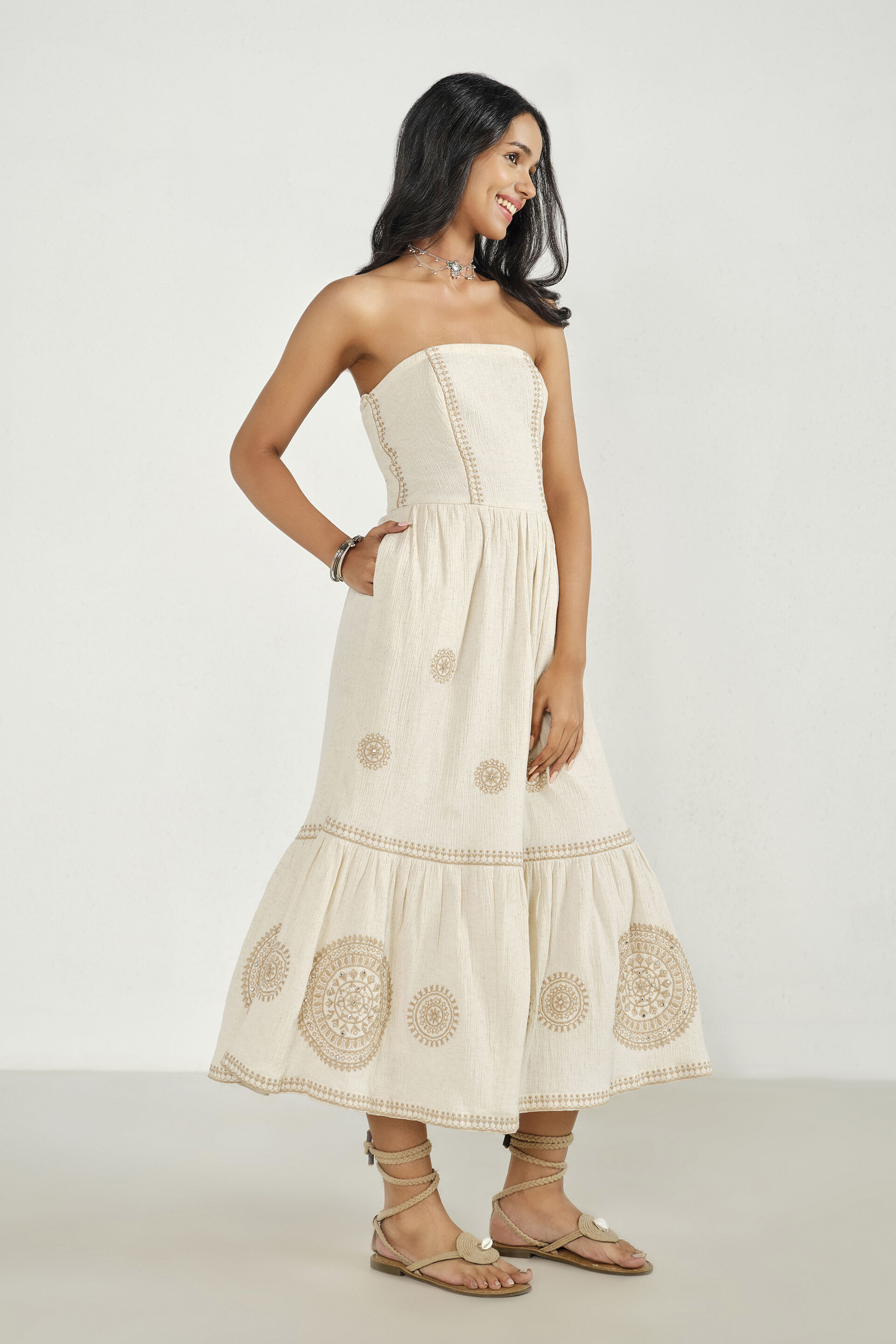 Natural Embroidered Bandeau Maxi, Natural, image 5